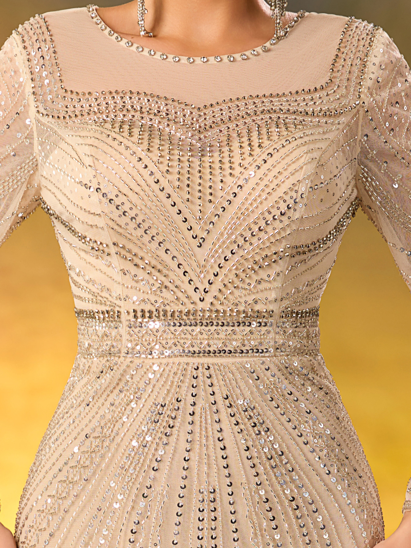 Modecrush Champagne Sequin Long - Sleeve Mermaid Gown, Mesh - Paneled Round Neck Design, Waist - Cinching Cut, Ideal for Elegant, Luxurious and Retro - Inspired Occasions like Galas and Balls