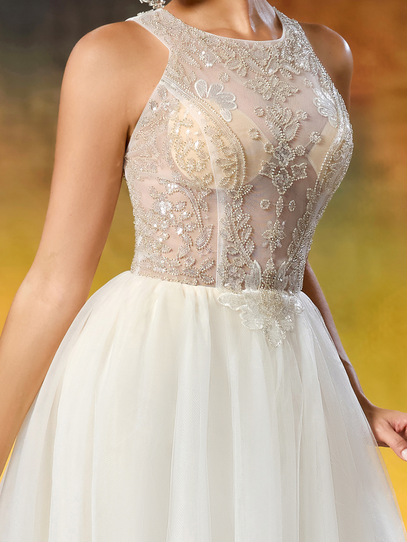 Elegant Round Neck Beaded Tulle Wedding Gown