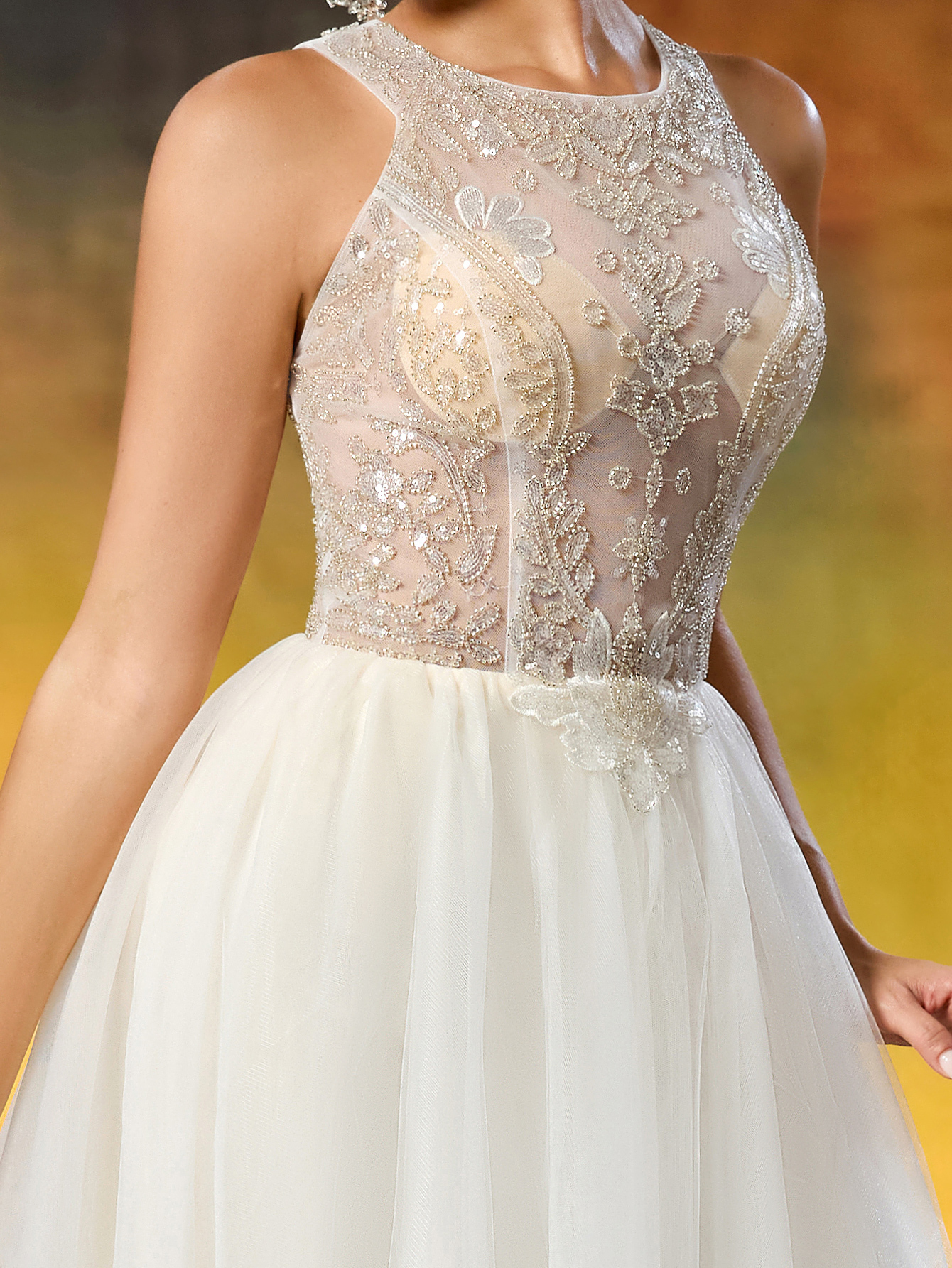 Elegant Round Neck Beaded Tulle Wedding Gown