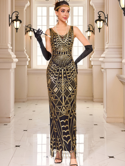 Modecrush Long Elegant Beaded Embroidered Gown Women's Flapper Gatsby Dress Gorgeous Vintage Party Dress