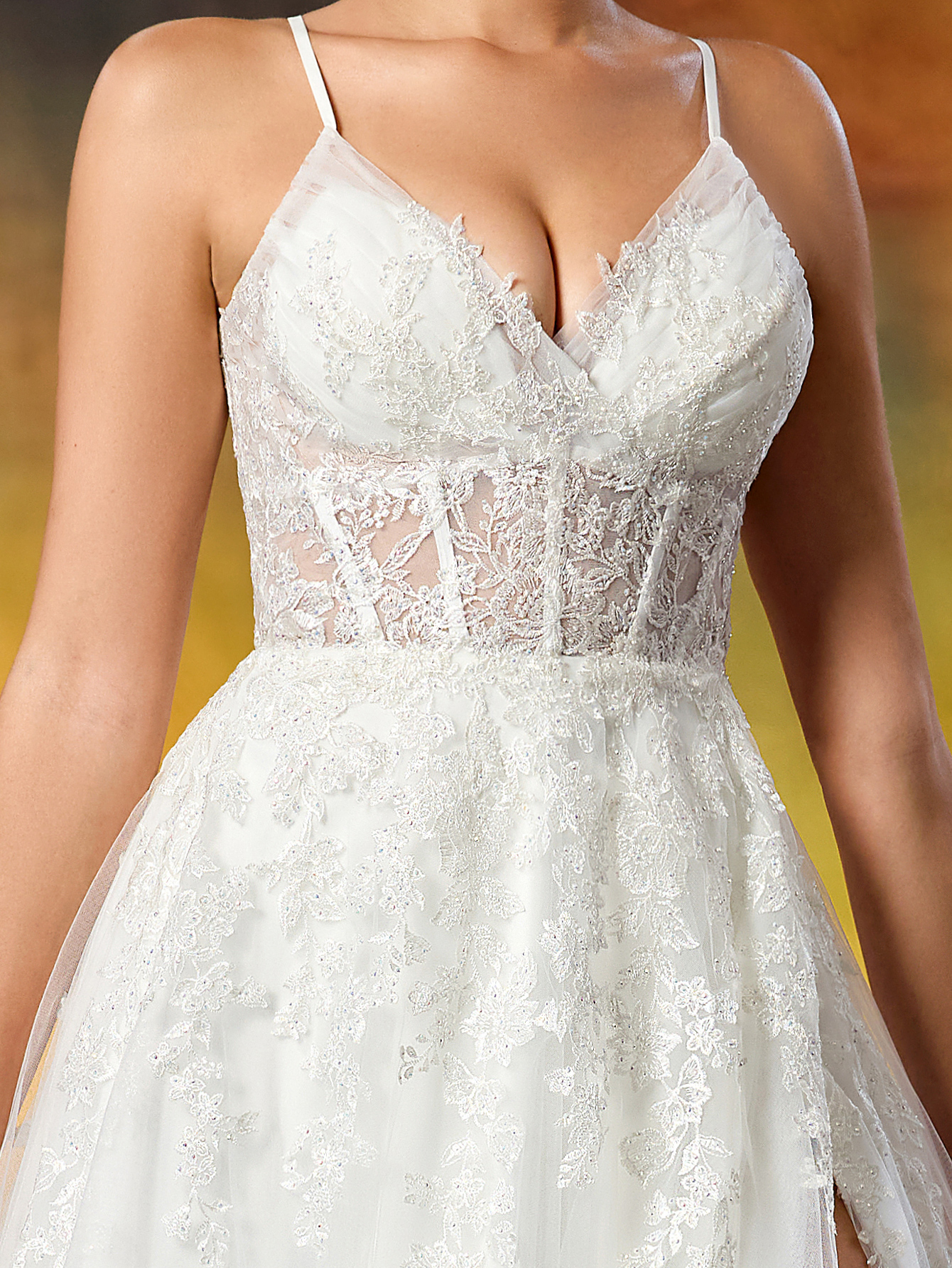 Elegant Embroidered Lace Appliqué Rhinestone Ruched Slit Wedding Dress