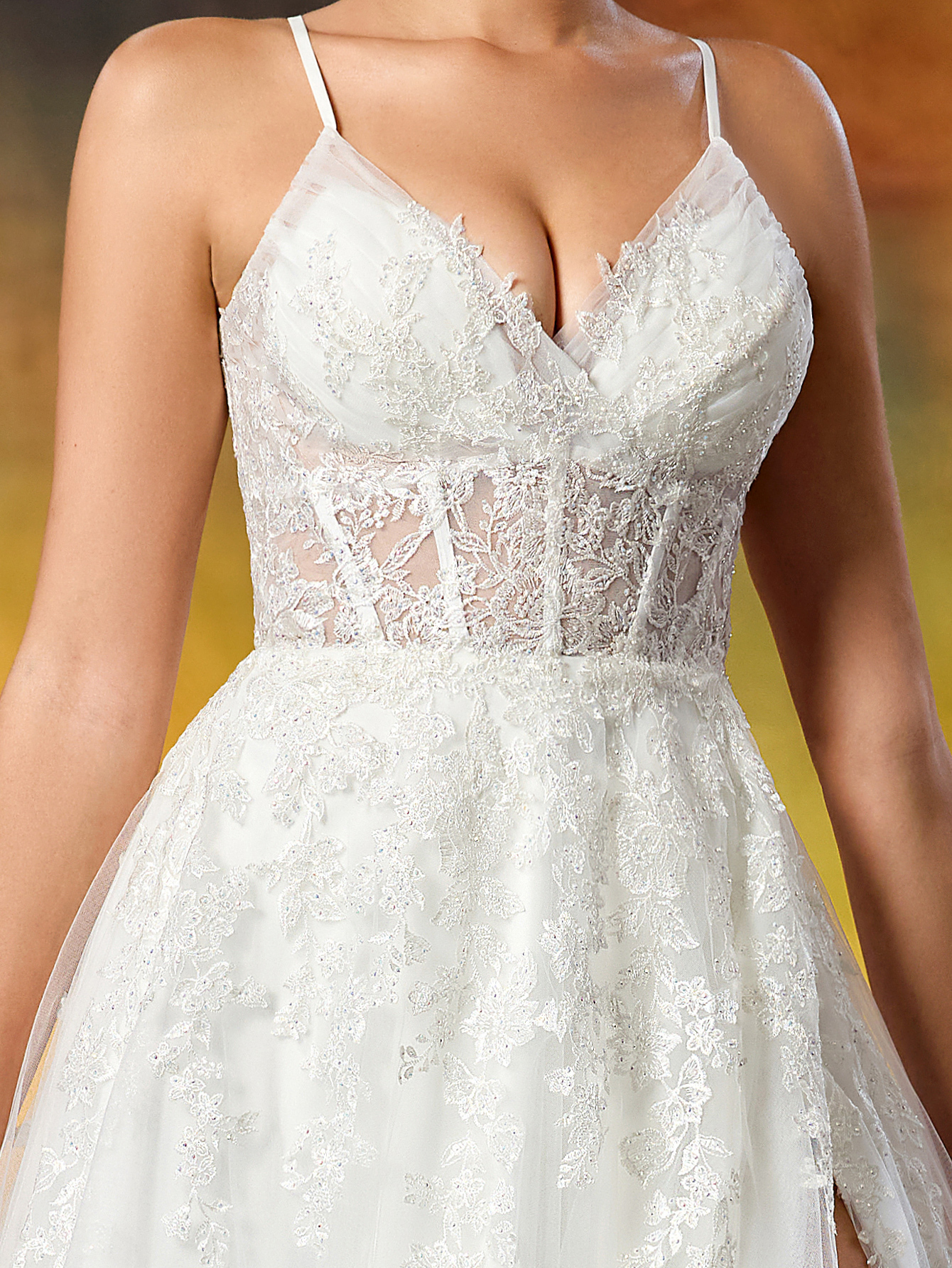 Elegant Embroidered Lace Appliqué Rhinestone Ruched Slit Wedding Dress