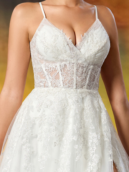 Elegant Embroidered Lace Appliqué Rhinestone Ruched Slit Wedding Dress