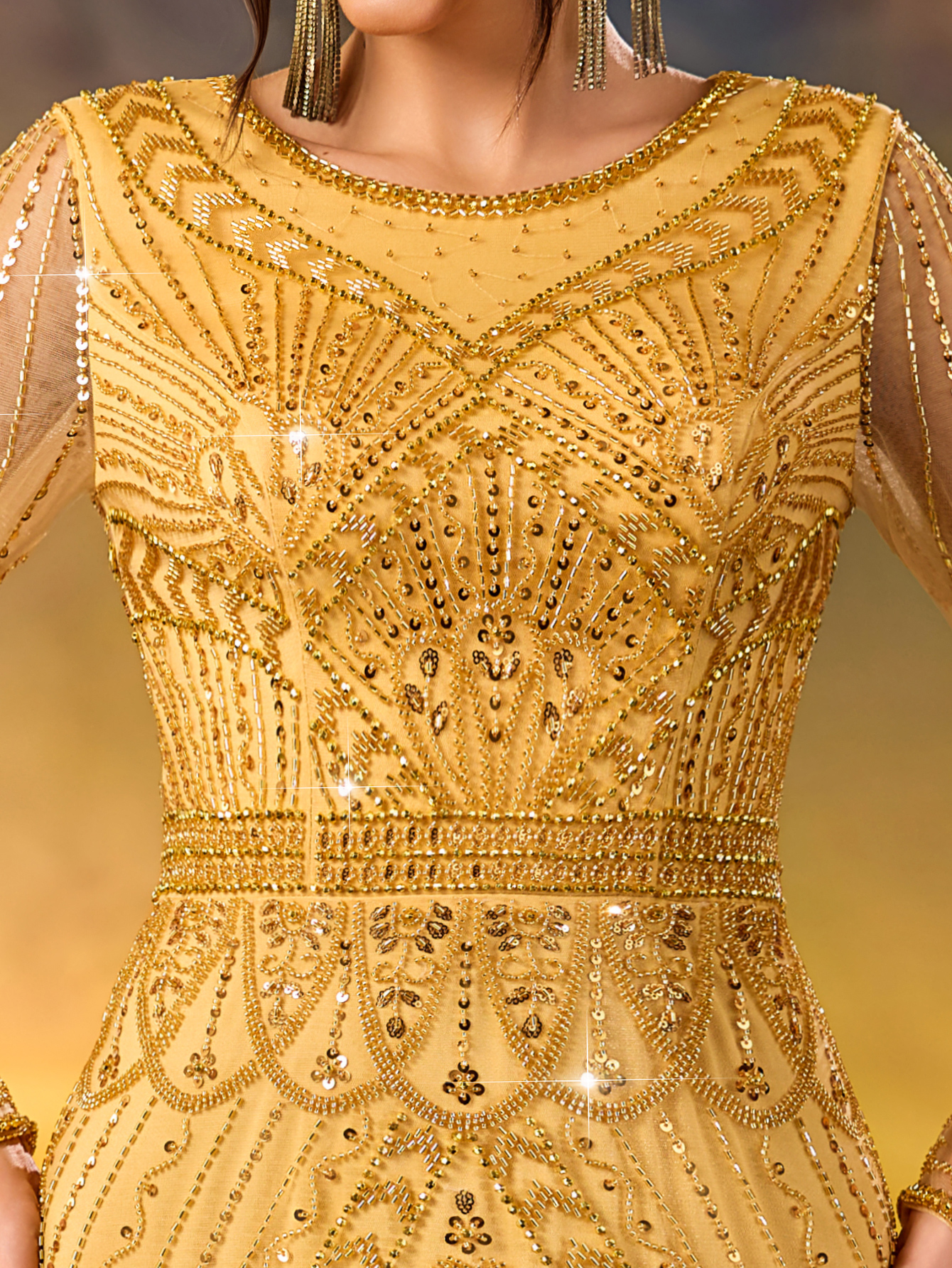 Modecrush Golden Sequin Long - Sleeve Mermaid Gown, Mesh - Paneled Round Neck Design, Waist - Cinching Cut, Ideal for Luxurious, Shining and Retro - Luxurious Occasions like Galas and Balls