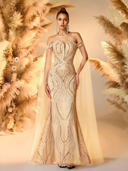 Modecrush Sparkling Beaded Mermaid Evening Dress for Wedding Guest Formal Party Elegant Off-Shoulder Slim-Fit Gown