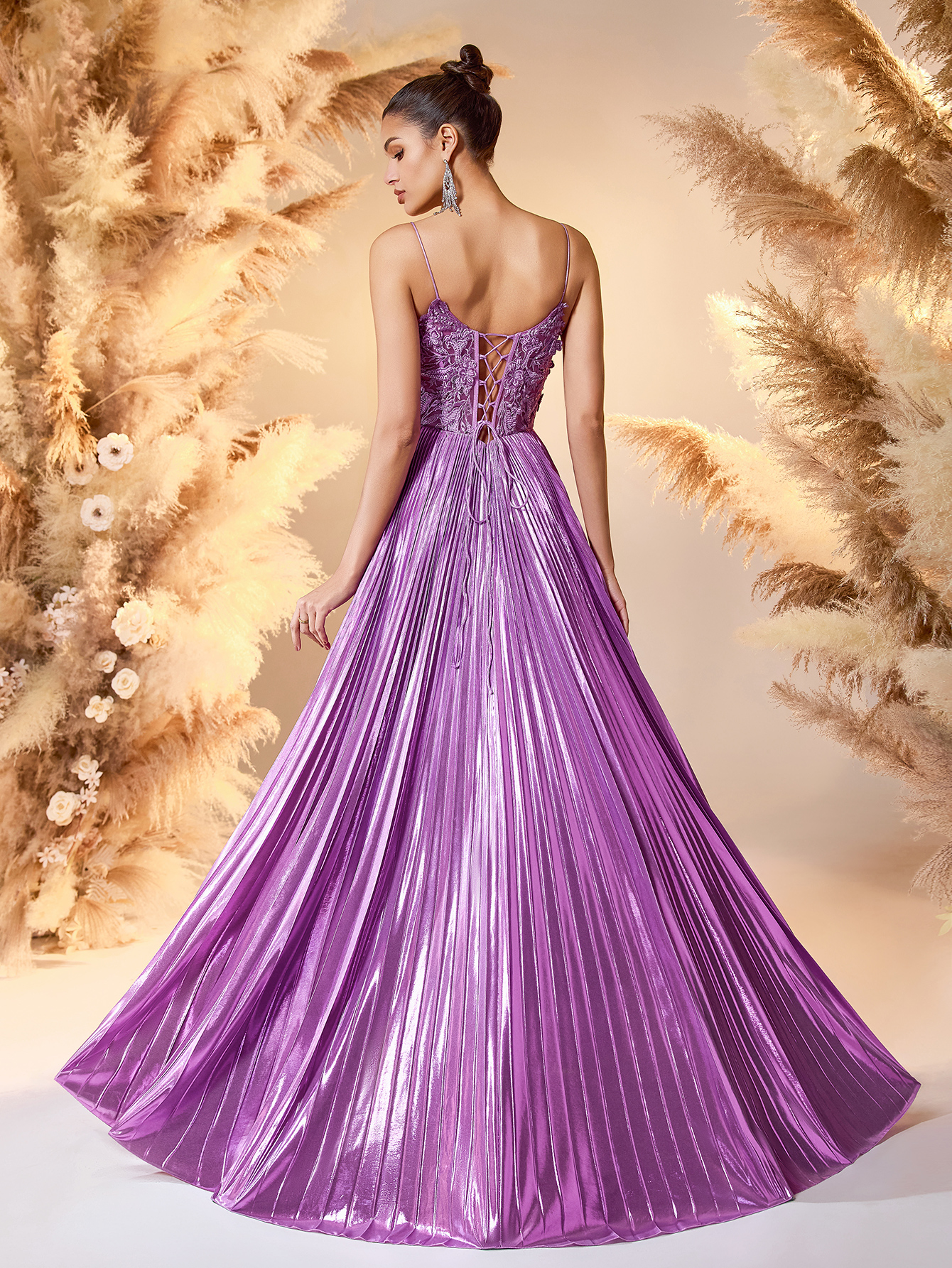 Modecrush 2025 Lavender Satin & Lace Evening Gown Deep V-Neck High-Slit Pleated Dress with Beaded Details Red Carpet Glam Formal Gown For Formal Occasion, Elegant Prom Evening Gown, Wedding Guest, graduation dresses, Dinner