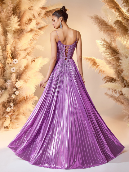 Modecrush 2025 Lavender Satin & Lace Evening Gown Deep V-Neck High-Slit Pleated Dress with Beaded Details Red Carpet Glam Formal Gown For Formal Occasion, Elegant Prom Evening Gown, Wedding Guest, graduation dresses, Dinner
