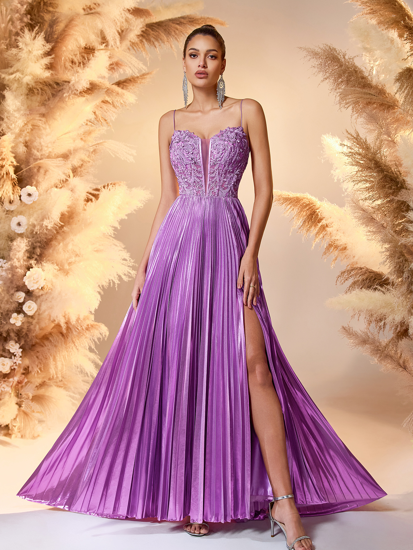 Modecrush 2025 Lavender Satin & Lace Evening Gown Deep V-Neck High-Slit Pleated Dress with Beaded Details Red Carpet Glam Formal Gown For Formal Occasion, Elegant Prom Evening Gown, Wedding Guest, graduation dresses, Dinner
