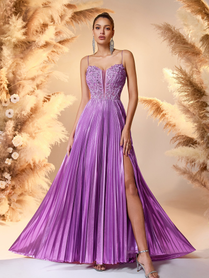 Modecrush 2025 Lavender Satin & Lace Evening Gown Deep V-Neck High-Slit Pleated Dress with Beaded Details Red Carpet Glam Formal Gown For Formal Occasion, Elegant Prom Evening Gown, Wedding Guest, graduation dresses, Dinner