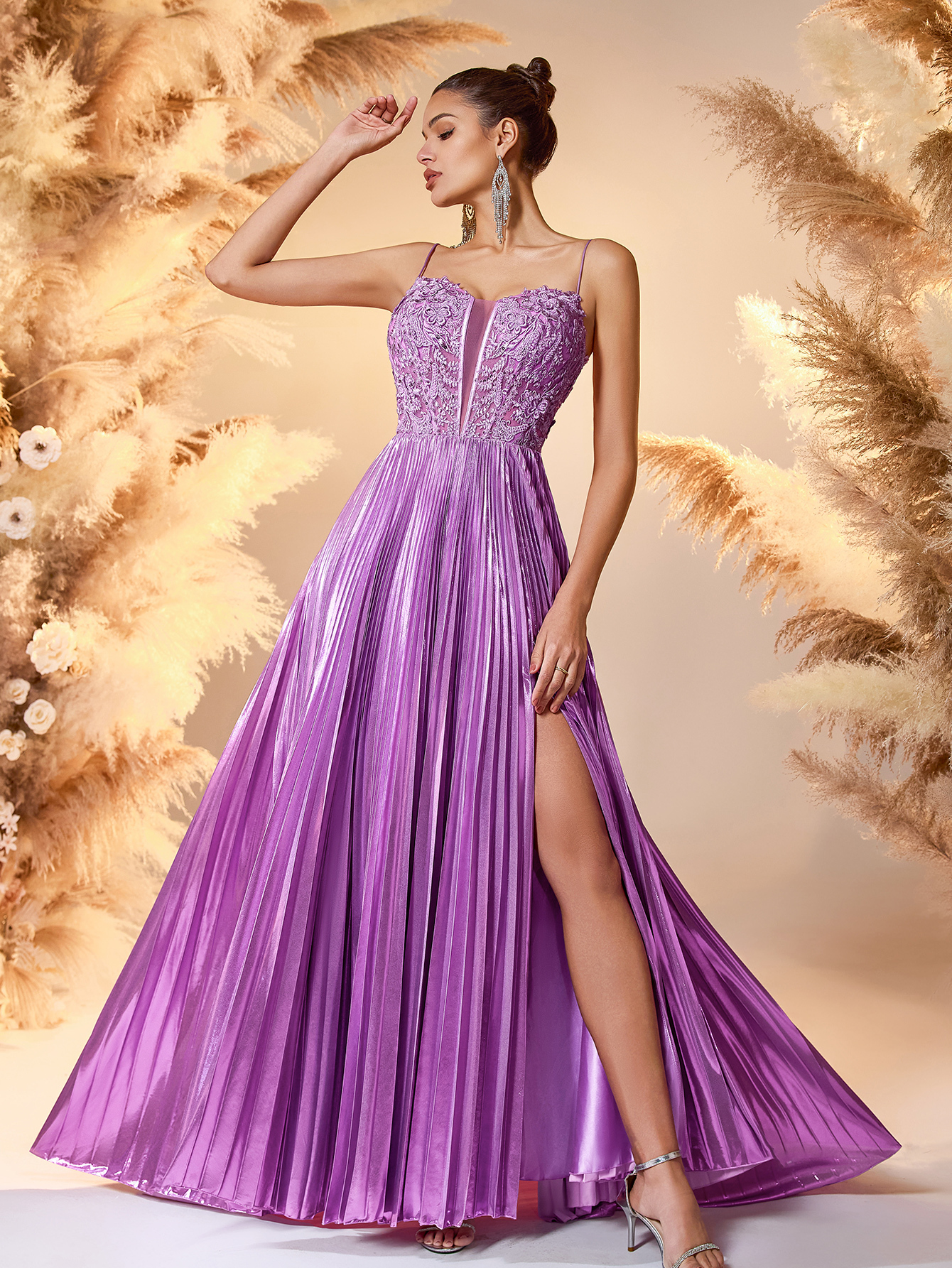 Modecrush 2025 Lavender Satin & Lace Evening Gown Deep V-Neck High-Slit Pleated Dress with Beaded Details Red Carpet Glam Formal Gown For Formal Occasion, Elegant Prom Evening Gown, Wedding Guest, graduation dresses, Dinner