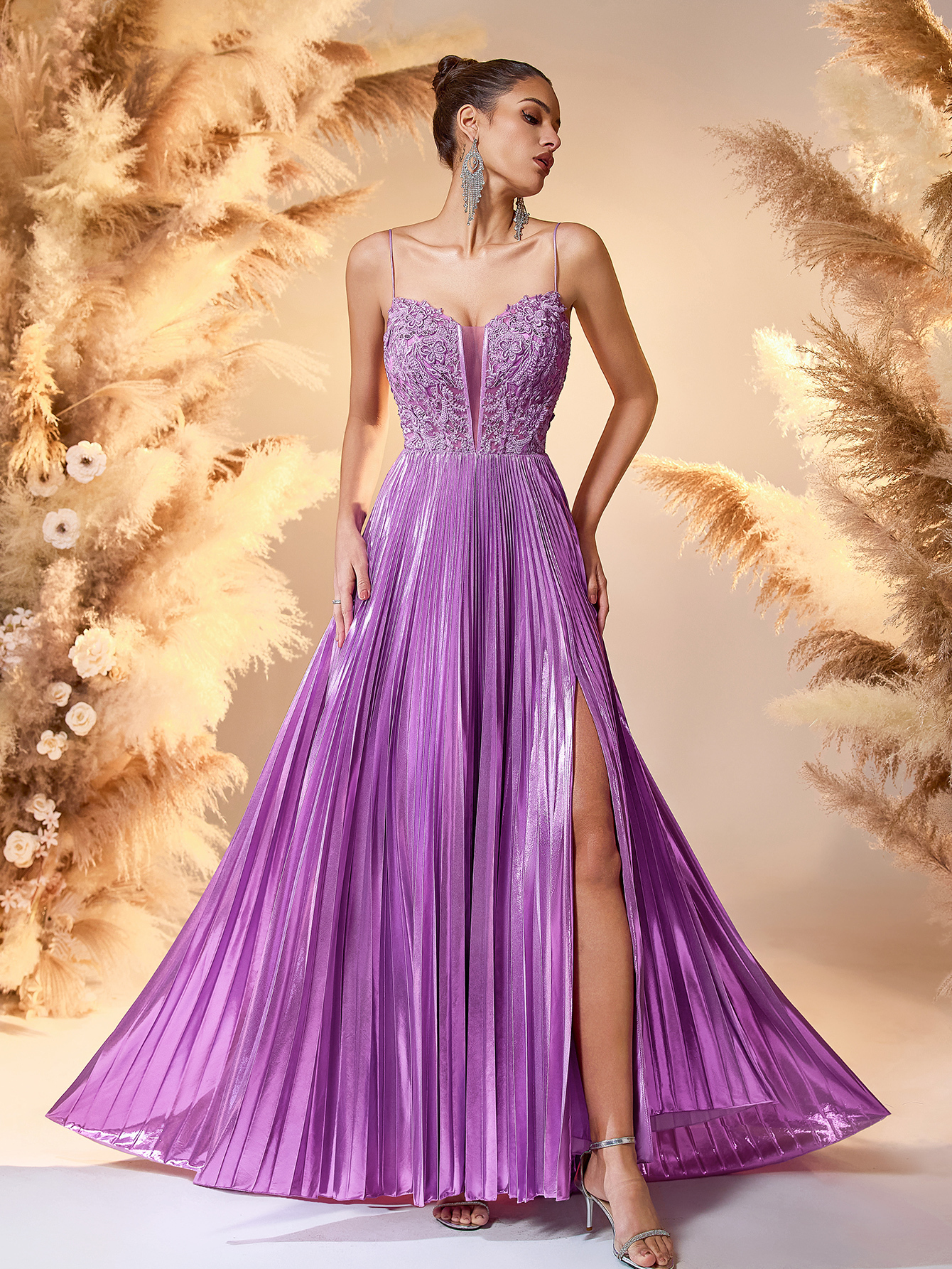 Modecrush 2025 Lavender Satin & Lace Evening Gown Deep V-Neck High-Slit Pleated Dress with Beaded Details Red Carpet Glam Formal Gown For Formal Occasion, Elegant Prom Evening Gown, Wedding Guest, graduation dresses, Dinner