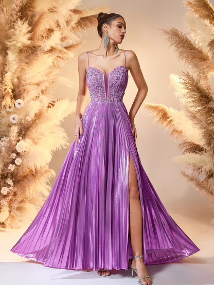 Modecrush 2025 Lavender Satin & Lace Evening Gown Deep V-Neck High-Slit Pleated Dress with Beaded Details Red Carpet Glam Formal Gown For Formal Occasion, Elegant Prom Evening Gown, Wedding Guest, graduation dresses, Dinner