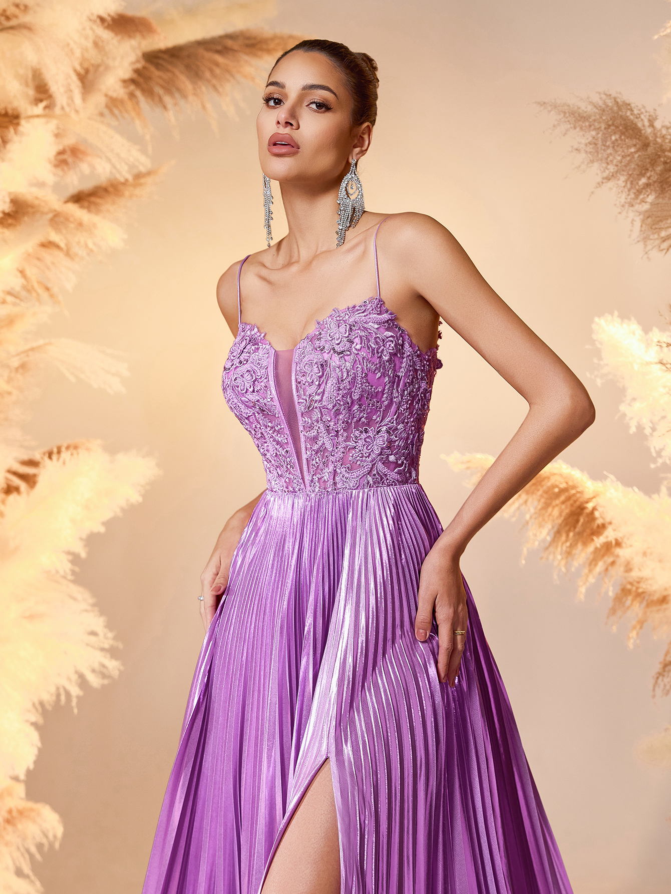 Modecrush 2025 Lavender Satin & Lace Evening Gown Deep V-Neck High-Slit Pleated Dress with Beaded Details Red Carpet Glam Formal Gown For Formal Occasion, Elegant Prom Evening Gown, Wedding Guest, graduation dresses, Dinner