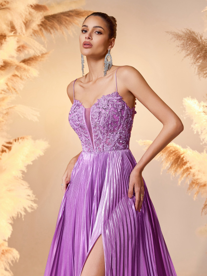 Modecrush 2025 Lavender Satin & Lace Evening Gown Deep V-Neck High-Slit Pleated Dress with Beaded Details Red Carpet Glam Formal Gown For Formal Occasion, Elegant Prom Evening Gown, Wedding Guest, graduation dresses, Dinner