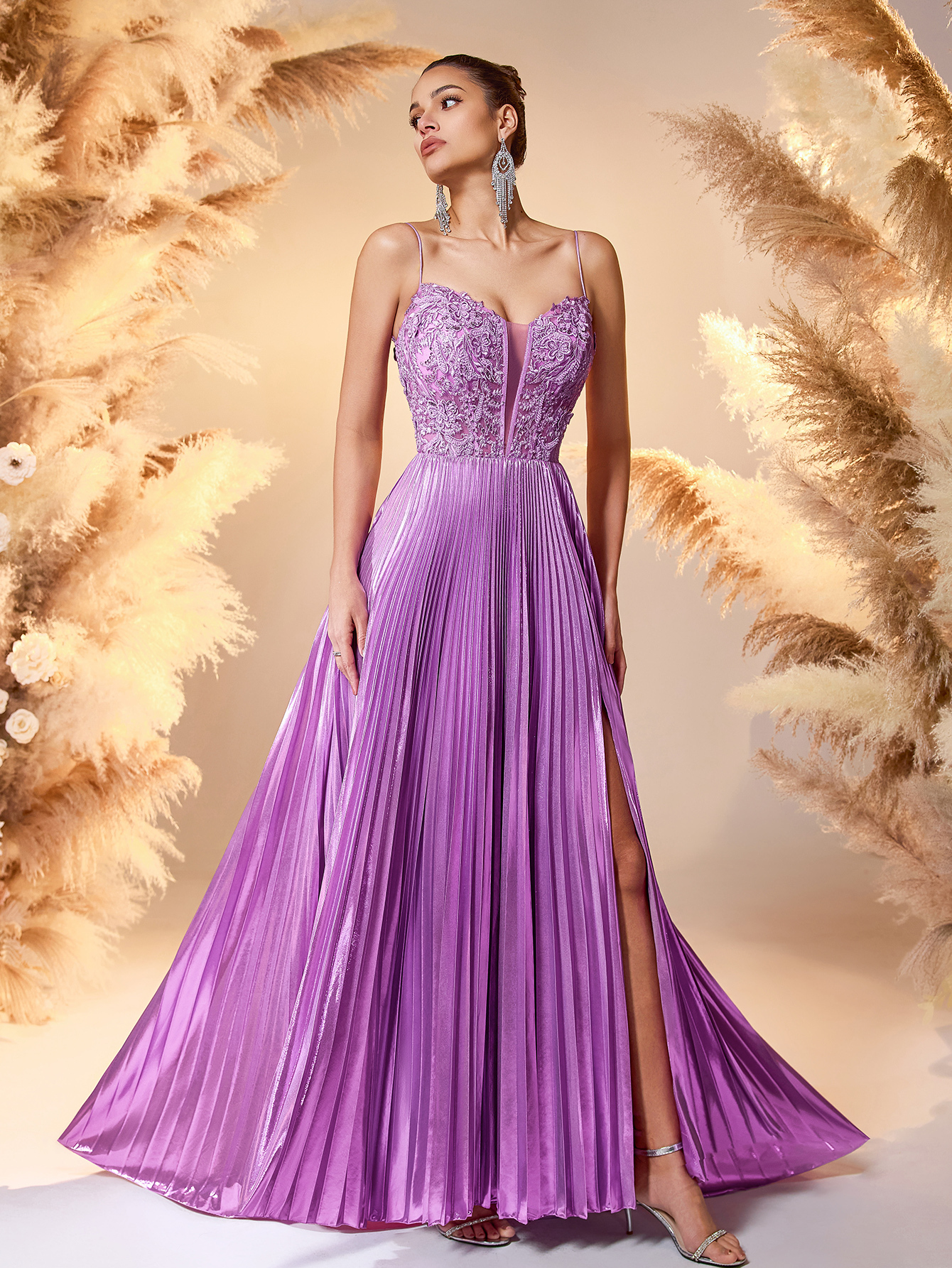 Modecrush 2025 Lavender Satin & Lace Evening Gown Deep V-Neck High-Slit Pleated Dress with Beaded Details Red Carpet Glam Formal Gown For Formal Occasion, Elegant Prom Evening Gown, Wedding Guest, graduation dresses, Dinner