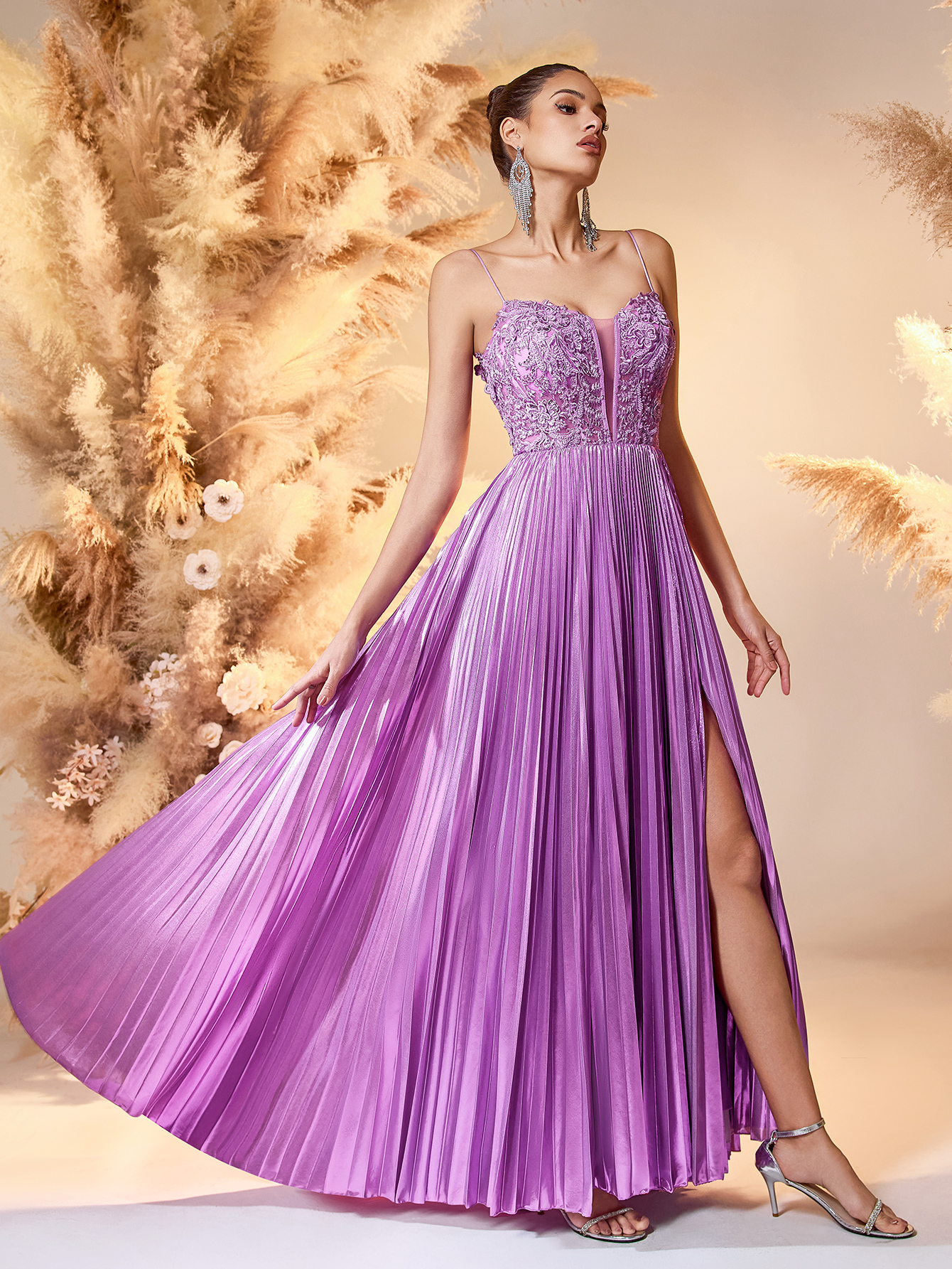 Modecrush 2025 Lavender Satin & Lace Evening Gown Deep V-Neck High-Slit Pleated Dress with Beaded Details Red Carpet Glam Formal Gown For Formal Occasion, Elegant Prom Evening Gown, Wedding Guest, graduation dresses, Dinner