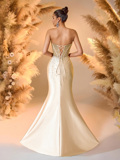 Modecrush Gold Sequin & Satin Evening Gown Strapless High-Slit Mermaid Dress with Crystal Details Wedding Guest Formal Party