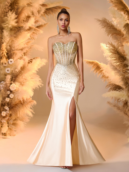 Modecrush Gold Sequin & Satin Evening Gown Strapless High-Slit Mermaid Dress with Crystal Details Wedding Guest Formal Party