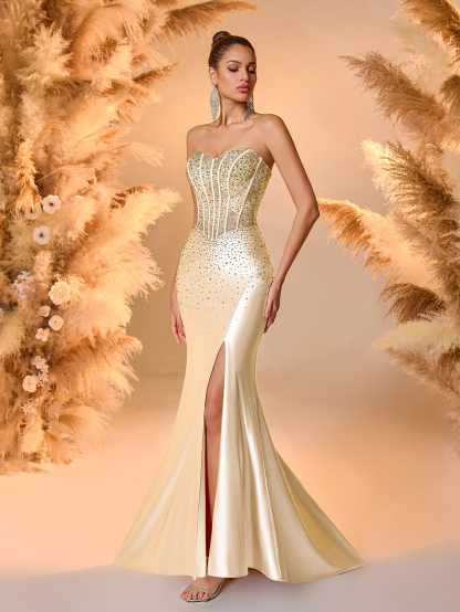 Modecrush Gold Sequin & Satin Evening Gown Strapless High-Slit Mermaid Dress with Crystal Details Wedding Guest Formal Party