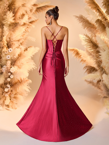 Modecrush Burgundy Beaded Spaghetti Strap Draped Satin Mermaid Prom Dress Suitable For Various Parties, Graduations, Weddings, Events And Various Banquets And Dancing Parties, Formal Ball Gown For Women (Deluxe Edition) Party Dress Wedding Guest Dress Eve