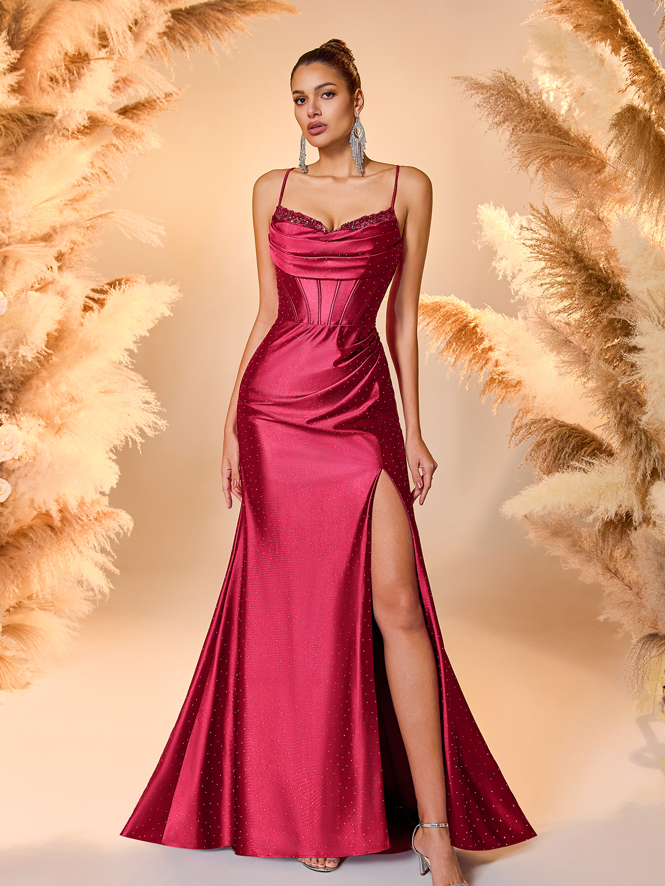 Modecrush Burgundy Beaded Spaghetti Strap Draped Satin Mermaid Prom Dress Suitable For Various Parties, Graduations, Weddings, Events And Various Banquets And Dancing Parties, Formal Ball Gown For Women (Deluxe Edition) Party Dress Wedding Guest Dress Eve