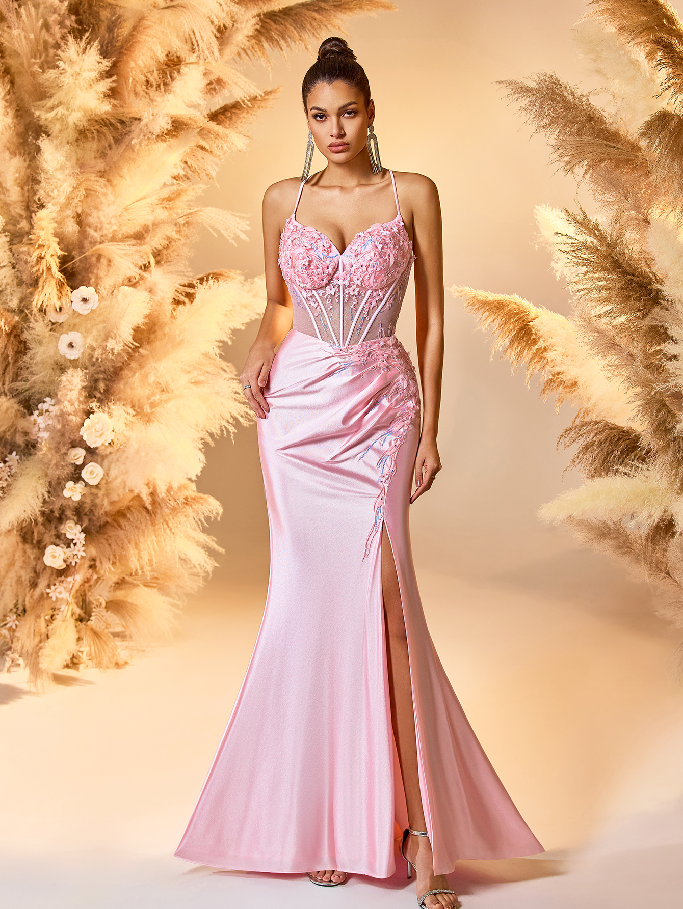 Modecrush Mermaid Spaghetti Applique Prom Evening Dress Sweetheart See Through Pink Party Dress