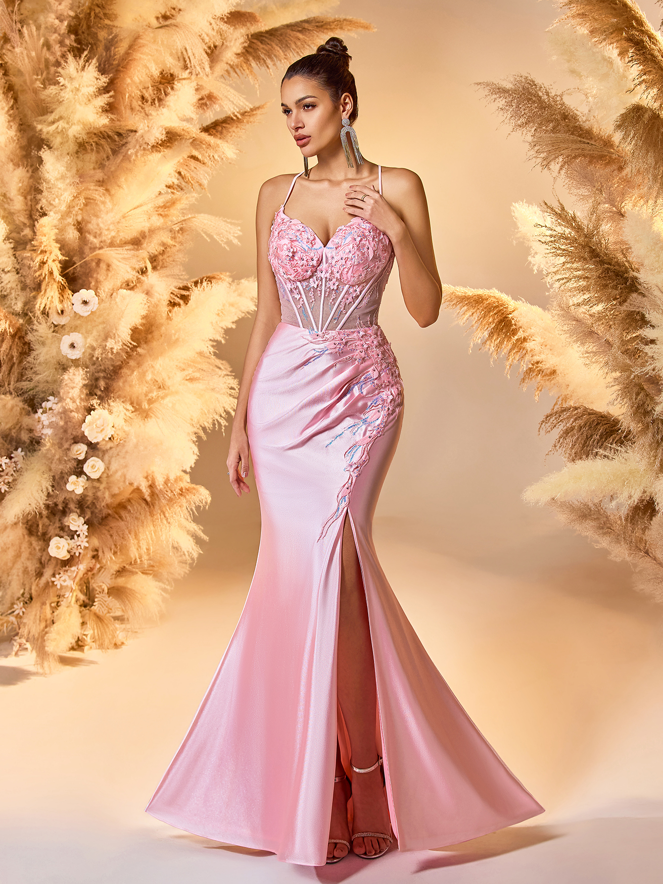 Modecrush Mermaid Spaghetti Applique Prom Evening Dress Sweetheart See Through Pink Party Dress