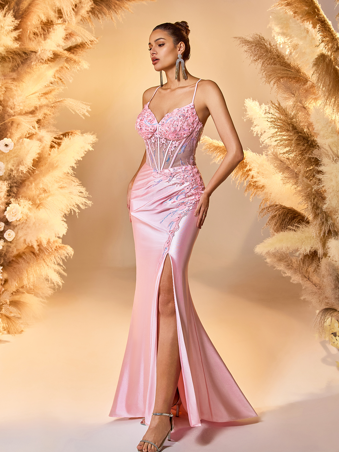 Modecrush Mermaid Spaghetti Applique Prom Evening Dress Sweetheart See Through Pink Party Dress