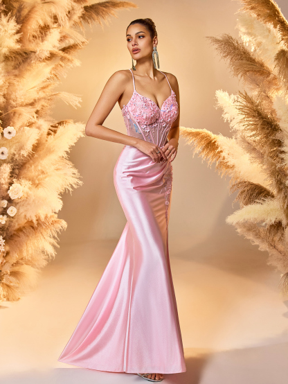 Modecrush Mermaid Spaghetti Applique Prom Evening Dress Sweetheart See Through Pink Party Dress