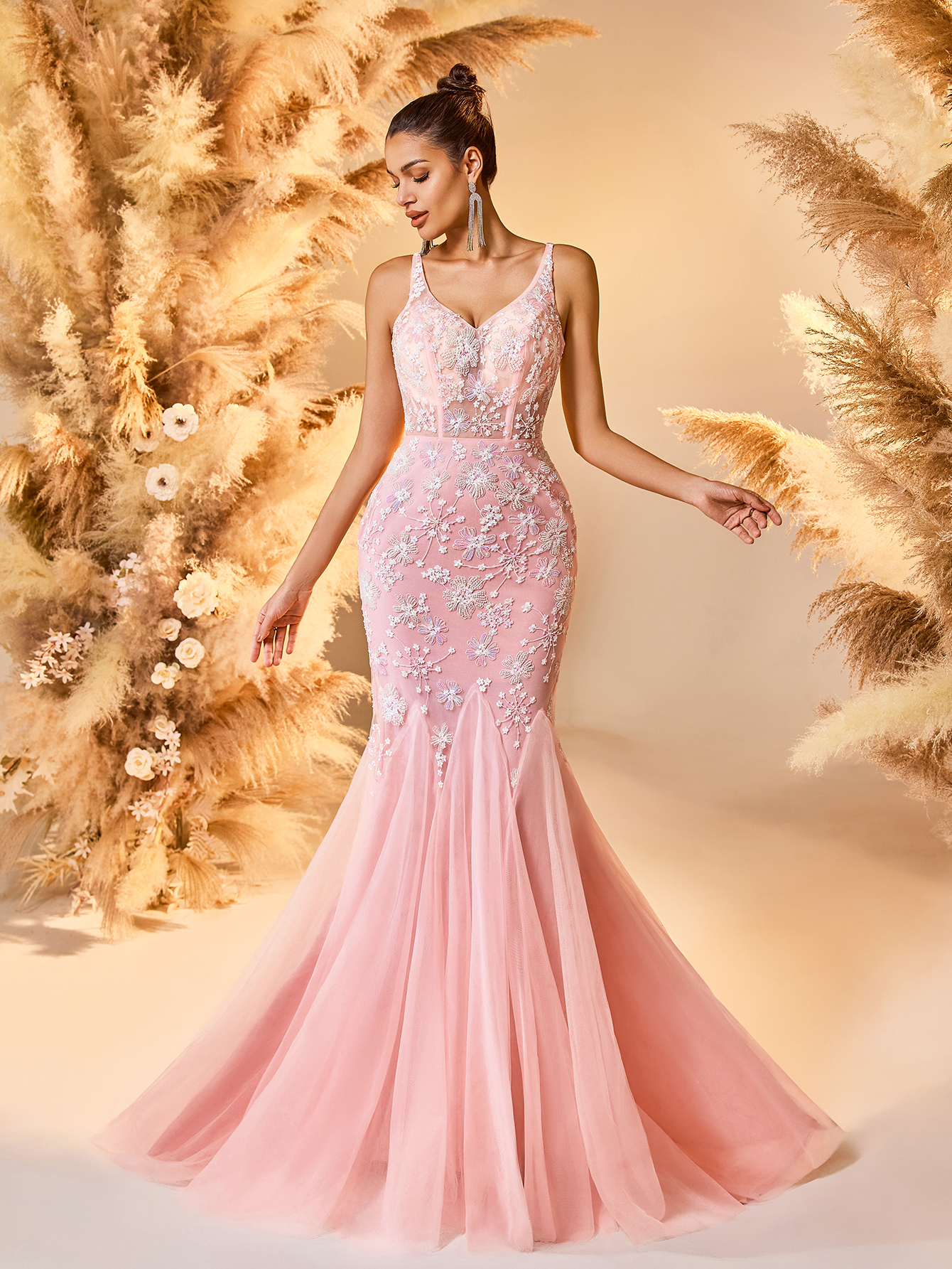 Modecrush Pink Tulle Embroidered Spaghetti - Strap Mermaid Gown, Open - Back Lacing Design, Large Skirt Ideal for Romantic, Elegant and Fairy - Like Occasions like Galas and Balls