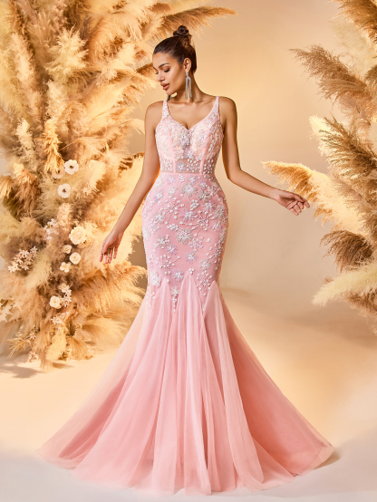 Modecrush Pink Tulle Embroidered Spaghetti - Strap Mermaid Gown, Open - Back Lacing Design, Large Skirt Ideal for Romantic, Elegant and Fairy - Like Occasions like Galas and Balls