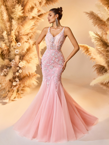 Modecrush Pink Tulle Embroidered Spaghetti - Strap Mermaid Gown, Open - Back Lacing Design, Large Skirt Ideal for Romantic, Elegant and Fairy - Like Occasions like Galas and Balls