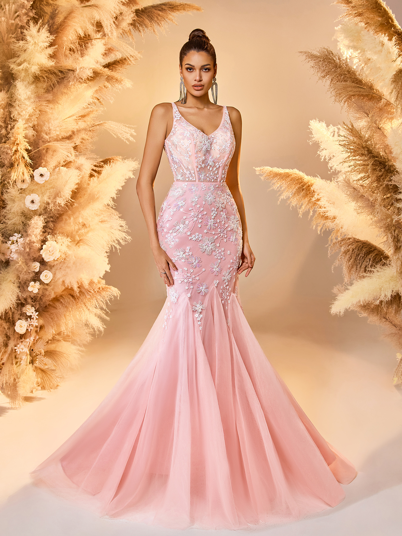 Modecrush Pink Tulle Embroidered Spaghetti - Strap Mermaid Gown, Open - Back Lacing Design, Large Skirt Ideal for Romantic, Elegant and Fairy - Like Occasions like Galas and Balls