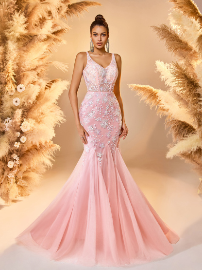 Modecrush Pink Tulle Embroidered Spaghetti - Strap Mermaid Gown, Open - Back Lacing Design, Large Skirt Ideal for Romantic, Elegant and Fairy - Like Occasions like Galas and Balls