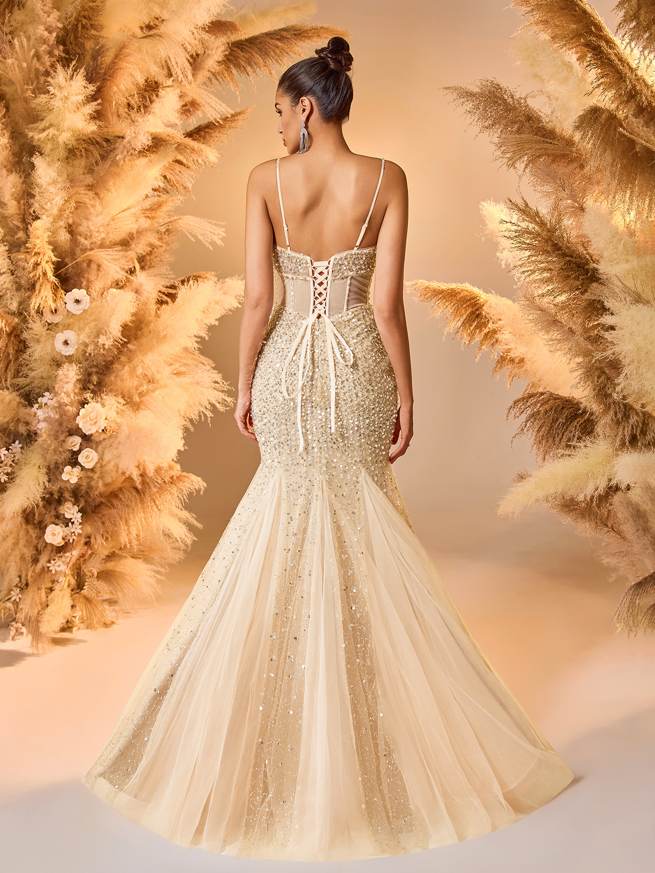 Modecrush Champagne Sequin Tulle Spaghetti - Strap Mermaid Gown, Corset - Style Design, Large Skirt Ideal for Luxurious, Shining and Fairy - Like Occasions like Galas and Balls