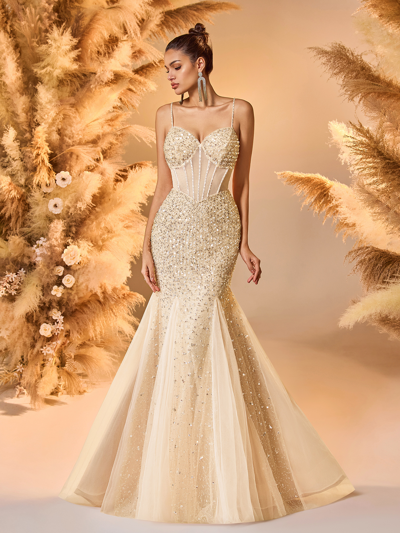 Modecrush Champagne Sequin Tulle Spaghetti - Strap Mermaid Gown, Corset - Style Design, Large Skirt Ideal for Luxurious, Shining and Fairy - Like Occasions like Galas and Balls