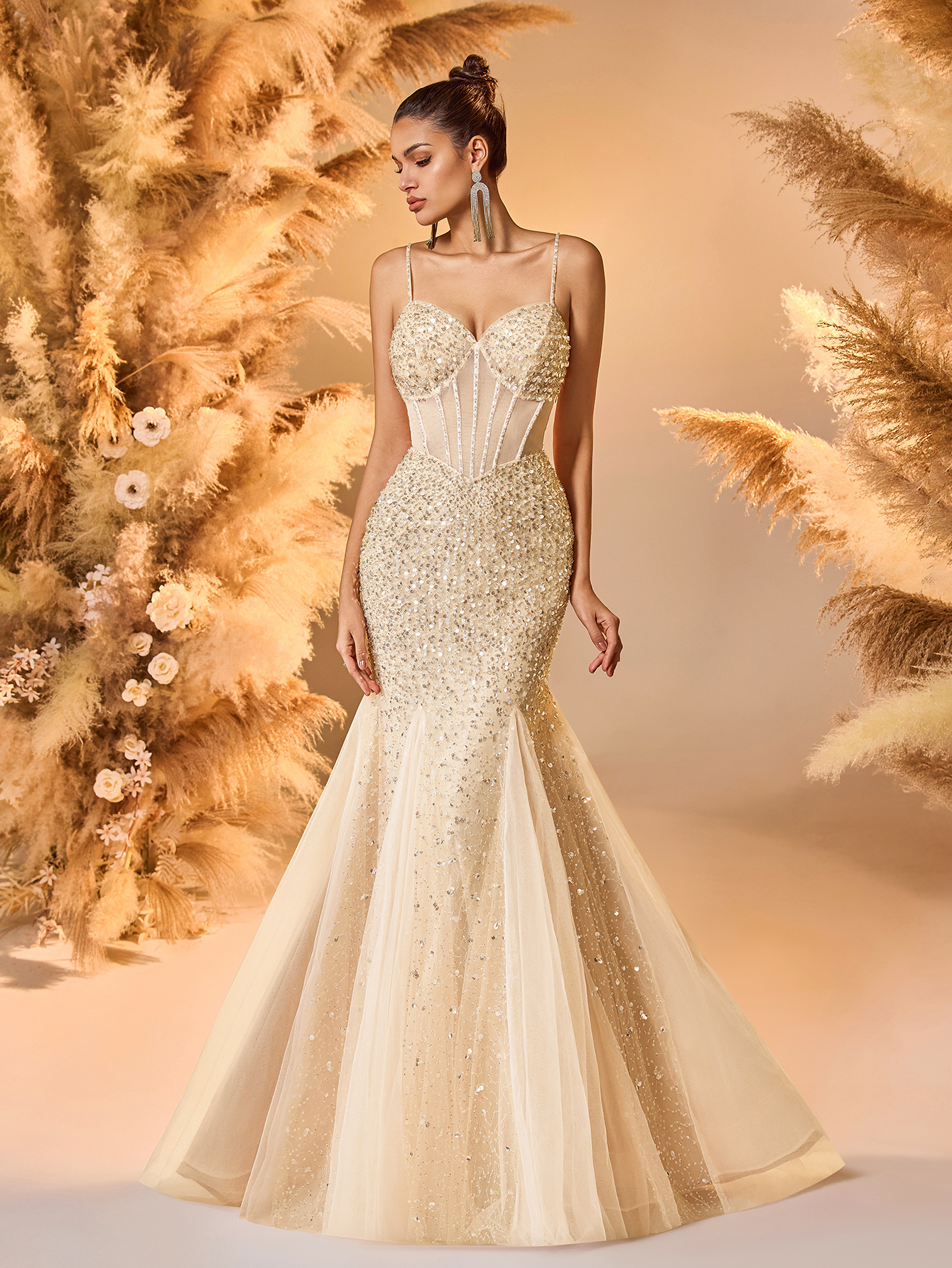 Modecrush Champagne Sequin Tulle Spaghetti - Strap Mermaid Gown, Corset - Style Design, Large Skirt Ideal for Luxurious, Shining and Fairy - Like Occasions like Galas and Balls