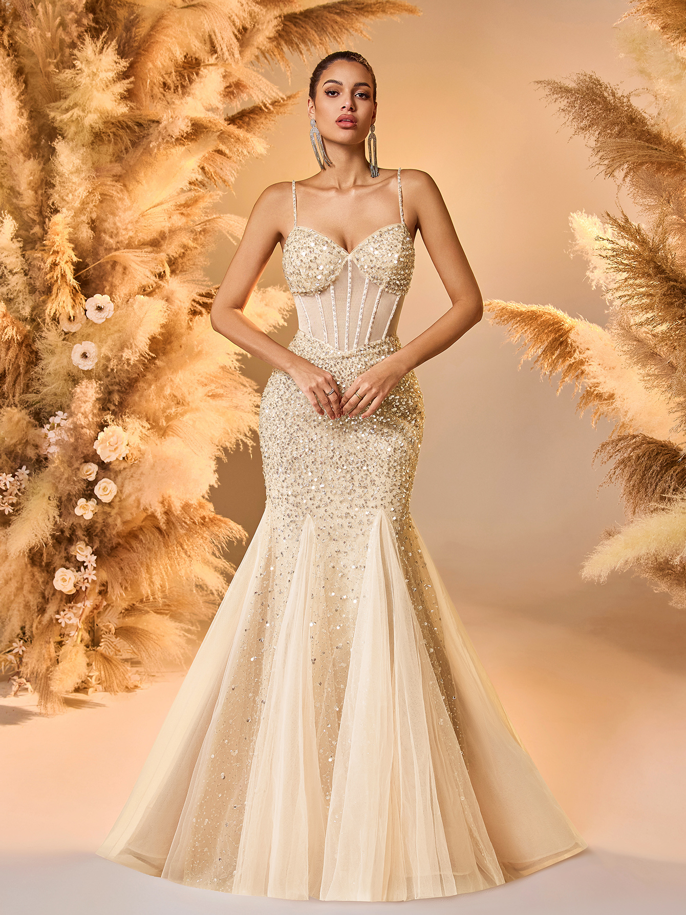 Modecrush Champagne Sequin Tulle Spaghetti - Strap Mermaid Gown, Corset - Style Design, Large Skirt Ideal for Luxurious, Shining and Fairy - Like Occasions like Galas and Balls
