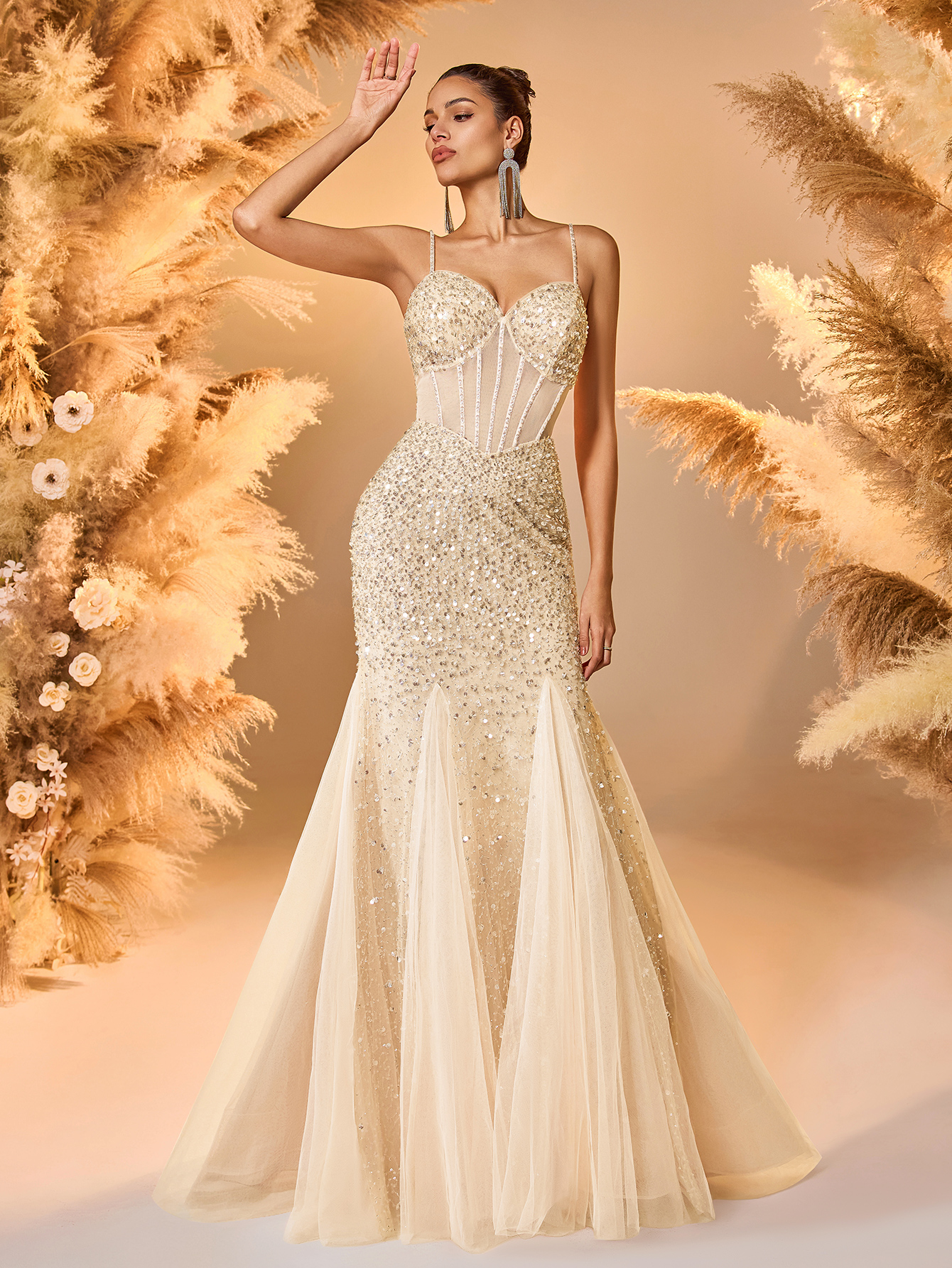 Modecrush Champagne Sequin Tulle Spaghetti - Strap Mermaid Gown, Corset - Style Design, Large Skirt Ideal for Luxurious, Shining and Fairy - Like Occasions like Galas and Balls