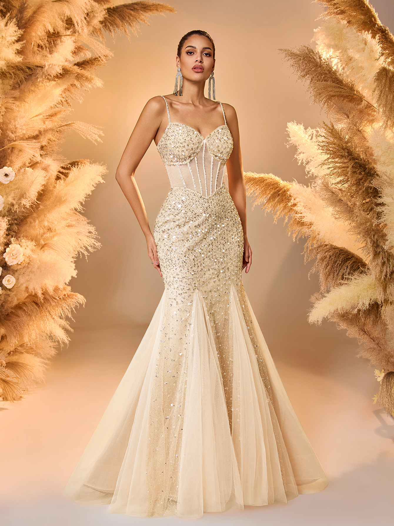 Modecrush Champagne Sequin Tulle Spaghetti - Strap Mermaid Gown, Corset - Style Design, Large Skirt Ideal for Luxurious, Shining and Fairy - Like Occasions like Galas and Balls
