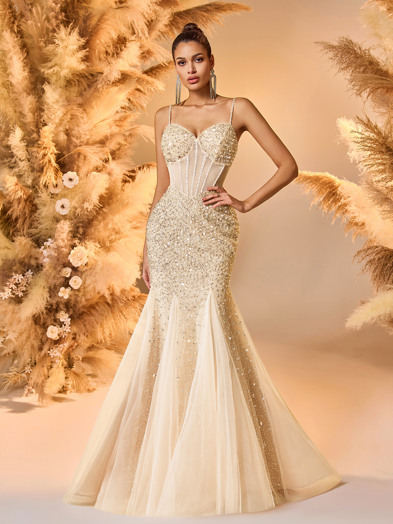 Modecrush Champagne Sequin Tulle Spaghetti - Strap Mermaid Gown, Corset - Style Design, Large Skirt Ideal for Luxurious, Shining and Fairy - Like Occasions like Galas and Balls