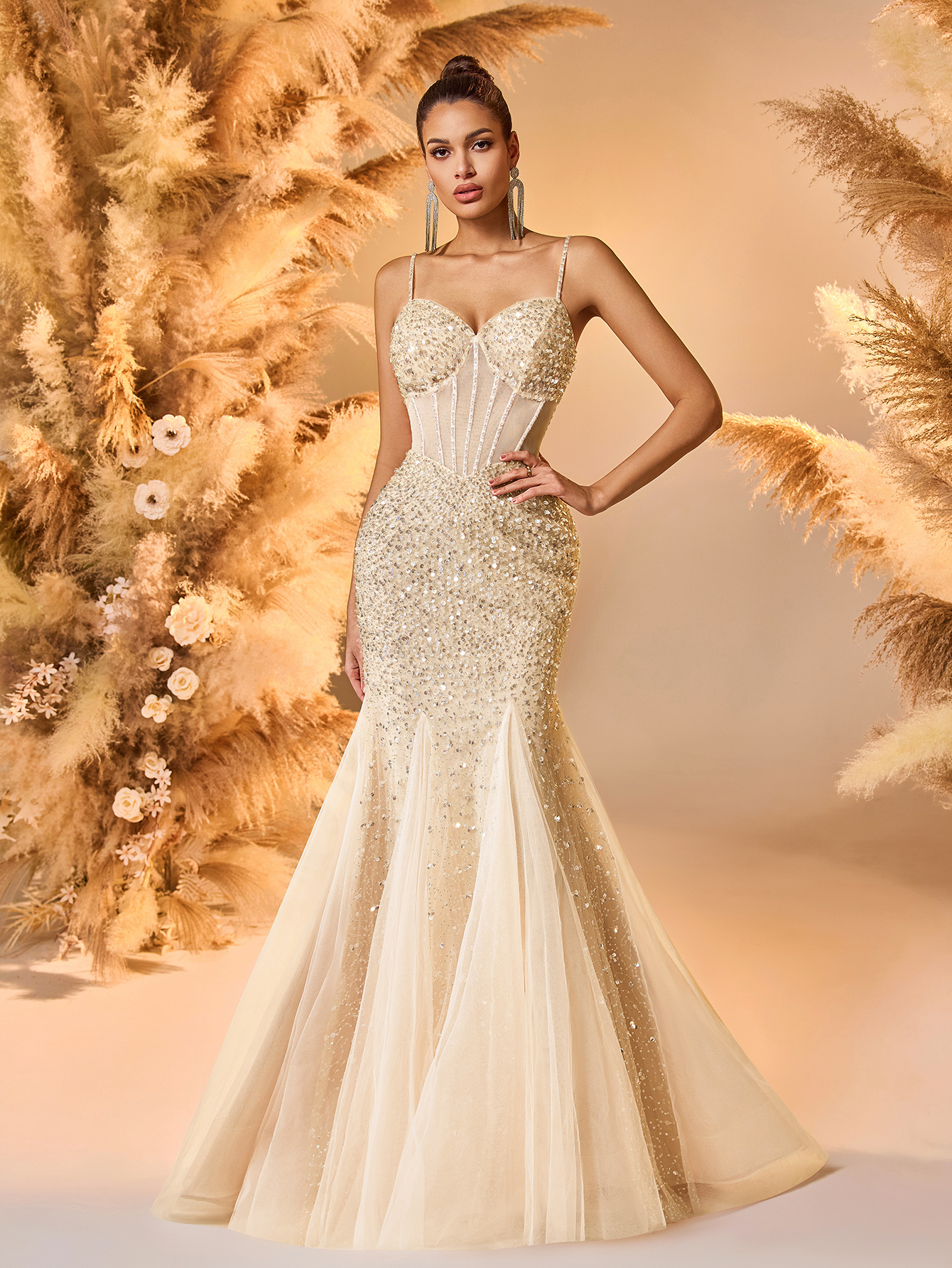 Modecrush Champagne Sequin Tulle Spaghetti - Strap Mermaid Gown, Corset - Style Design, Large Skirt Ideal for Luxurious, Shining and Fairy - Like Occasions like Galas and Balls