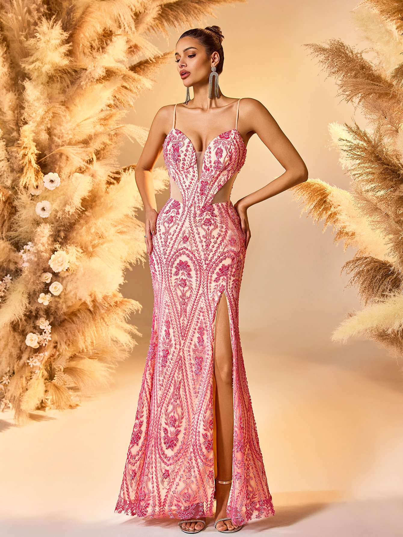 Modecrush 2025 Metallic Pink Satin Evening Gown with 3D Floral Embroidery Deep V-Neck High-Slit Floor-Length Dress Red Carpet Glam Bodycon Celebrity Style Formal Gown