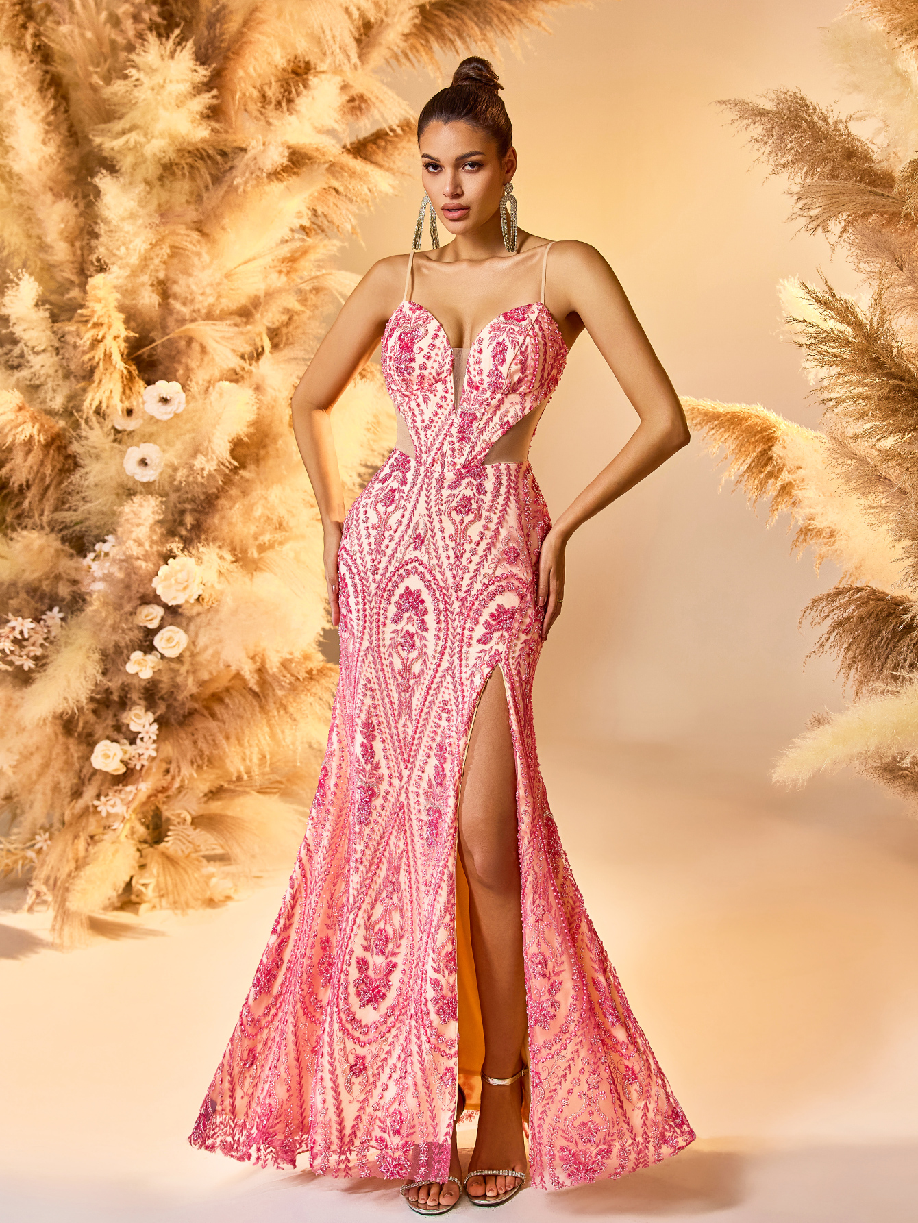Modecrush 2025 Metallic Pink Satin Evening Gown with 3D Floral Embroidery Deep V-Neck High-Slit Floor-Length Dress Red Carpet Glam Bodycon Celebrity Style Formal Gown