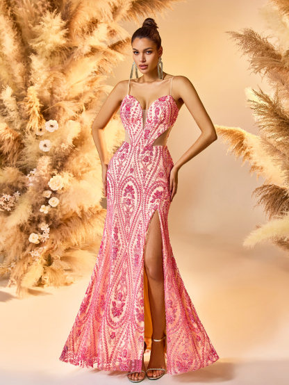 Modecrush 2025 Metallic Pink Satin Evening Gown with 3D Floral Embroidery Deep V-Neck High-Slit Floor-Length Dress Red Carpet Glam Bodycon Celebrity Style Formal Gown
