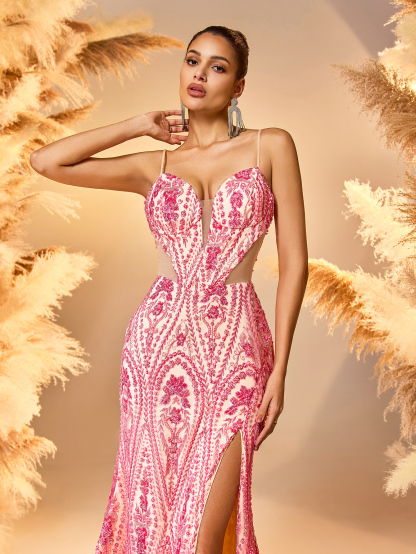 Modecrush 2025 Metallic Pink Satin Evening Gown with 3D Floral Embroidery Deep V-Neck High-Slit Floor-Length Dress Red Carpet Glam Bodycon Celebrity Style Formal Gown