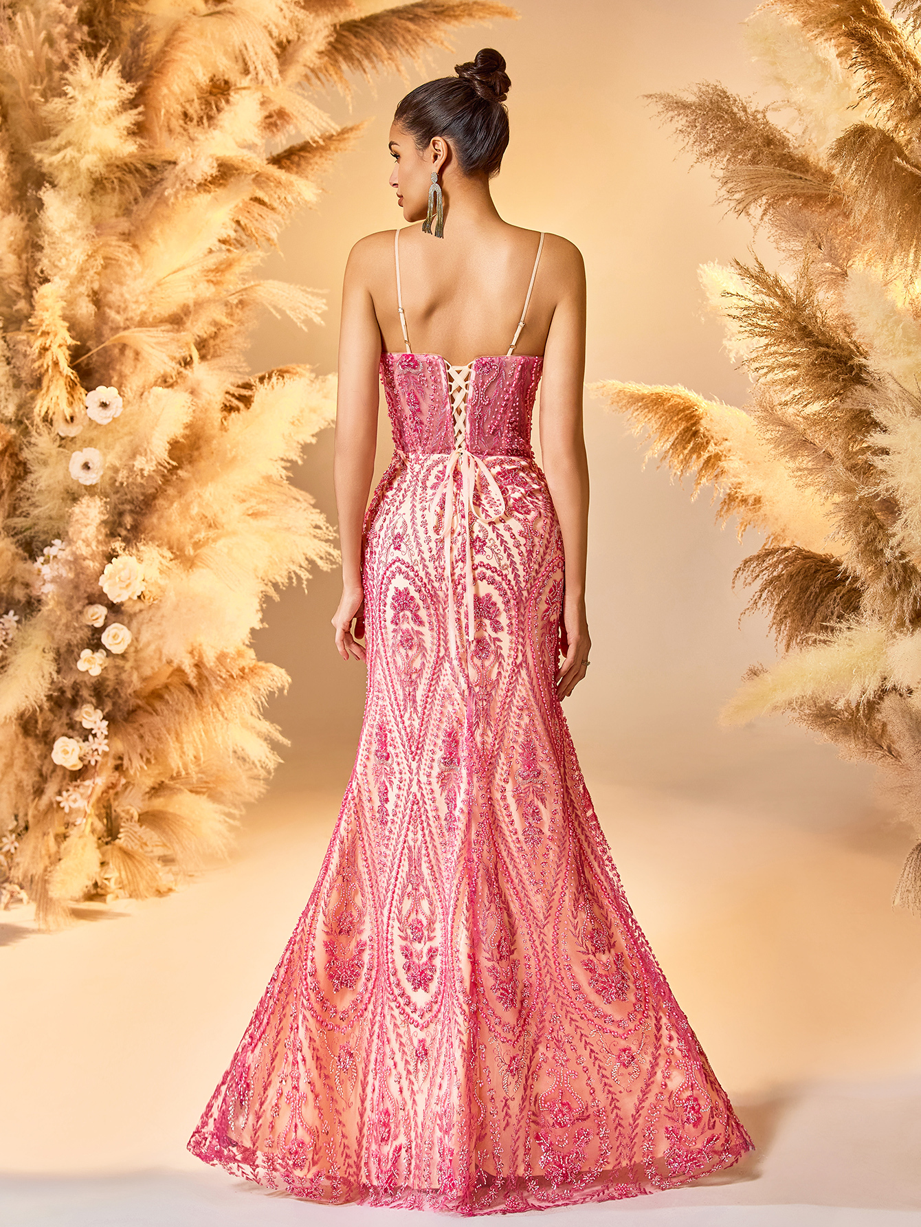 Modecrush 2025 Metallic Pink Satin Evening Gown with 3D Floral Embroidery Deep V-Neck High-Slit Floor-Length Dress Red Carpet Glam Bodycon Celebrity Style Formal Gown
