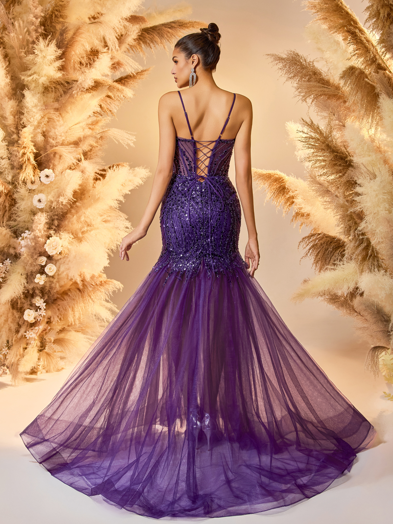 Modecrush Elegant Purple Wedding Guest Dress Women's Beaded Bodycon Evening Gown with Sheer Slit Skirt Cocktail Dress Party Wear