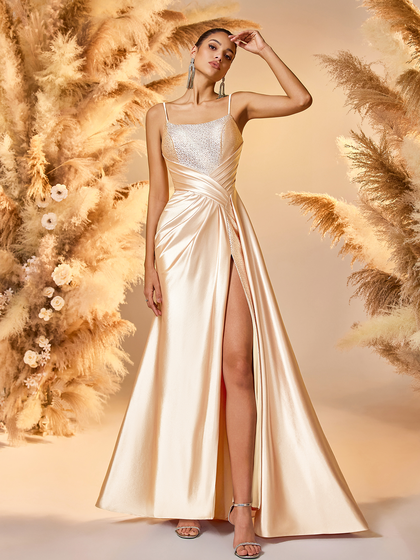 Modecrush A Line Spaghetti Ruched Prom Evening Dress Bateau Neck Beading Party Dress