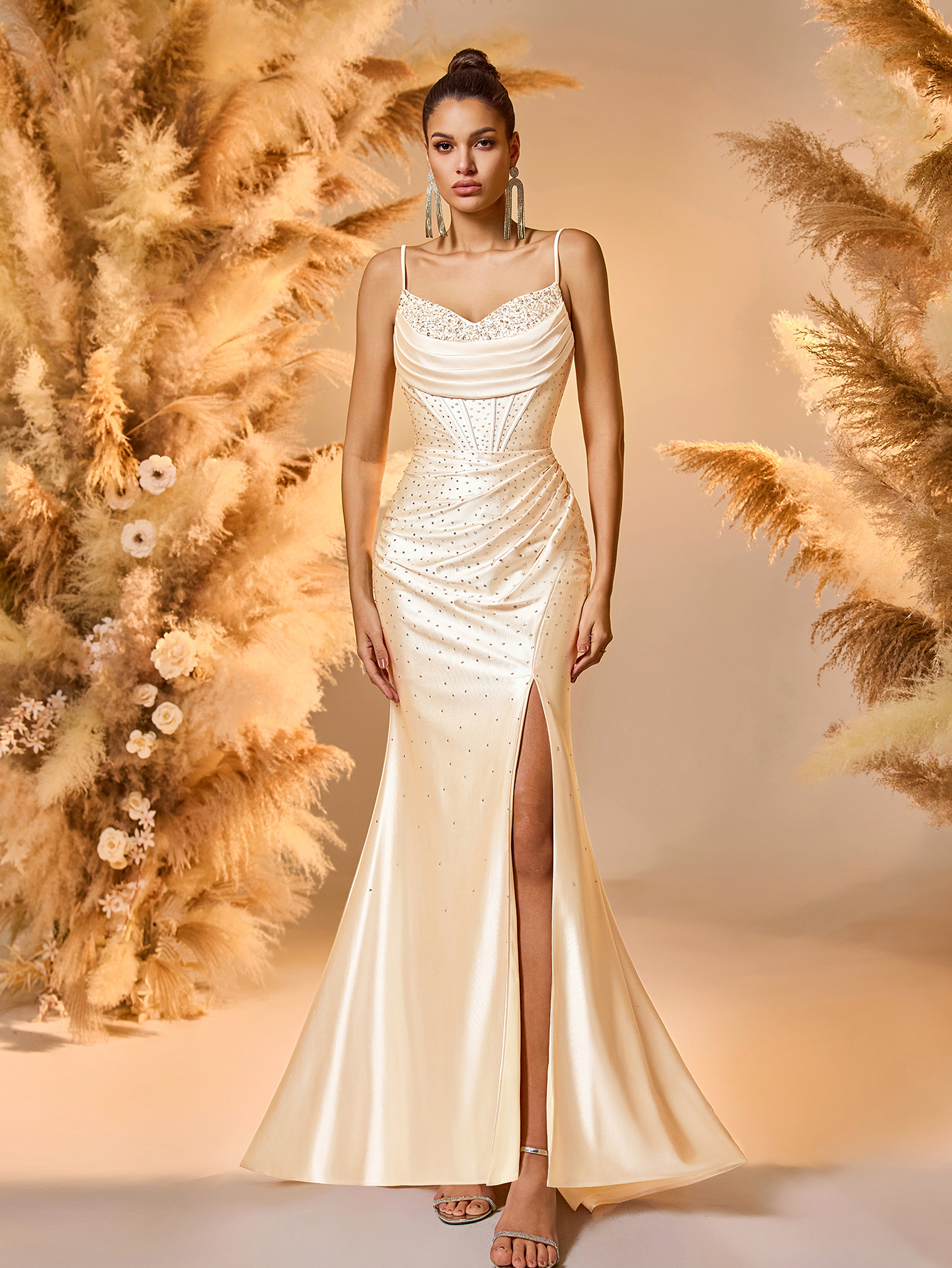 Modecrush Low-Back Embroidered Mermaid Gown Amber Gold Sequin Evening Dress with High Slit for Award Ceremonies, Galas & Luxury Events